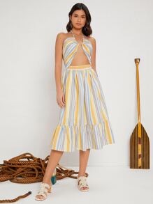 SHEIN VCAY 彩色條紋鏤空繞頸露背荷葉邊洋裝 - 彩色 - 查看 2