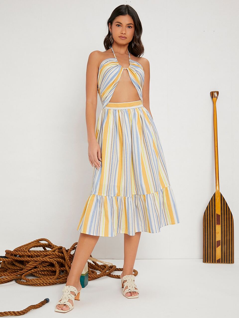 Colorful Striped Cut Out Halter Neck Backless Ruffle Hem Dress