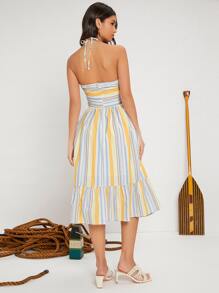 SHEIN VCAY 彩色條紋鏤空繞頸露背荷葉邊洋裝 - 彩色 - 查看 3