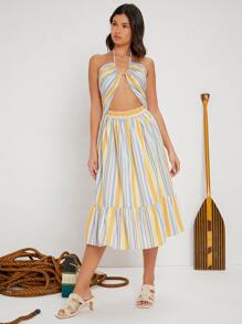 SHEIN VCAY 彩色條紋鏤空繞頸露背荷葉邊洋裝 - 彩色 - 查看 4