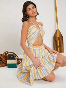 SHEIN VCAY 彩色條紋鏤空繞頸露背荷葉邊洋裝 - 彩色 - 查看 5