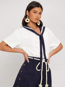 SHEIN Áo thun nữ Ruy băng Khối Màu Hấp dẫn - trắng - Xem 2