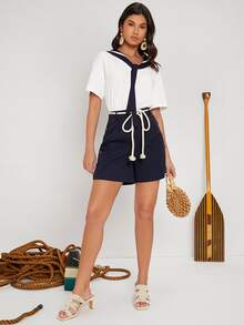 SHEIN Áo thun nữ Ruy băng Khối Màu Hấp dẫn - trắng - Xem 4