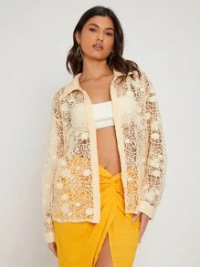 SHEIN VCAY 鏤空落肩袖蕾絲襯衫 - 米色 - 查看 3