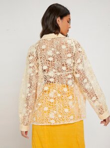 SHEIN VCAY 鏤空落肩袖蕾絲襯衫 - 米色 - 查看 2