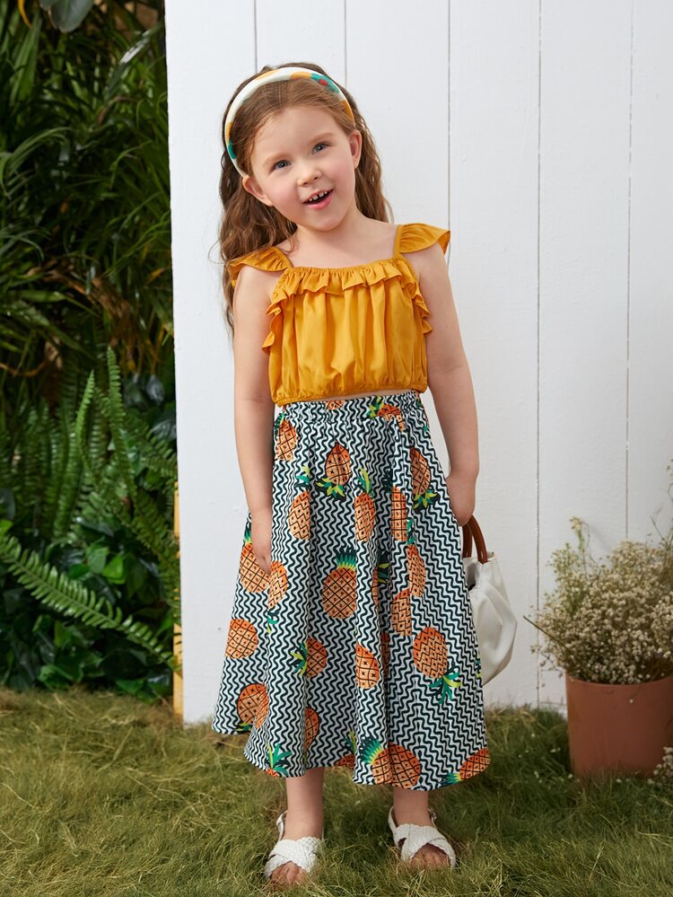 Toddler Girls Ruffle Trim Top & Chevron & Pineapple Print Skirt