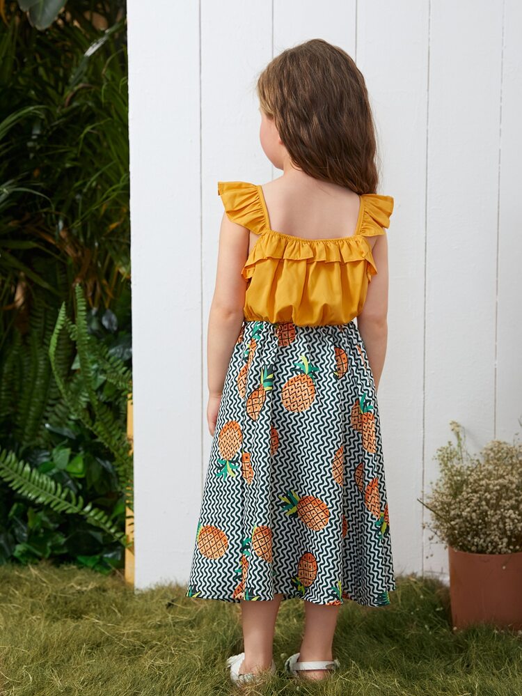Toddler Girls Ruffle Trim Top & Chevron & Pineapple Print Skirt