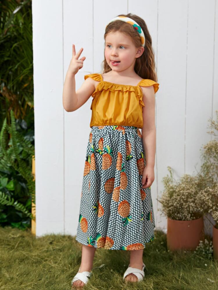 Toddler Girls Ruffle Trim Top & Chevron & Pineapple Print Skirt