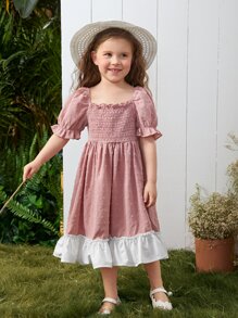 SHEIN 小女童打褶圓點泡泡袖褶邊連衣裙 - 藕粉色 - 查看 1