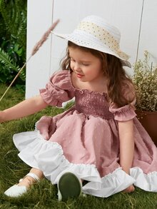 SHEIN 小女童打褶圓點泡泡袖褶邊連衣裙 - 藕粉色 - 查看 3