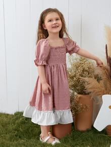 SHEIN 小女童打褶圓點泡泡袖褶邊連衣裙 - 藕粉色 - 查看 4