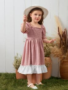 SHEIN 小女童打褶圓點泡泡袖褶邊連衣裙 - 藕粉色 - 查看 5