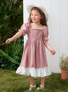 SHEIN 小女童打褶圓點泡泡袖褶邊連衣裙 - 藕粉色 - 查看 6