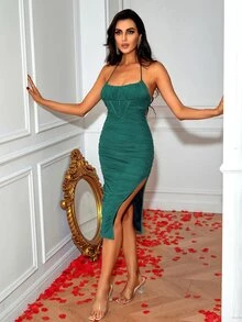 LOVE&LEMONADE 後背繫帶褶邊高衩網紗覆蓋連衣裙