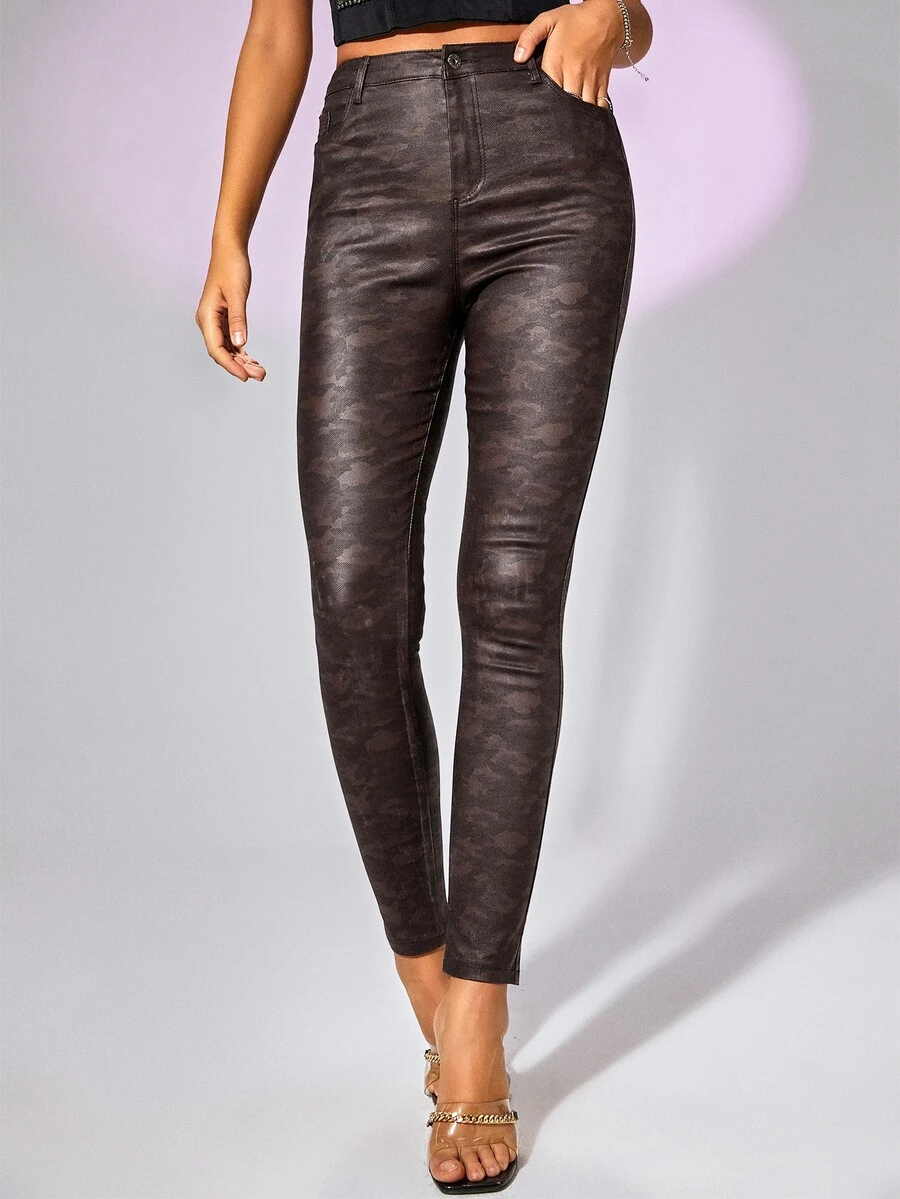 High Waist Camo Print Patent Trousers - Multicolor - View 1