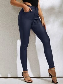 High Waist PU Leather Skinny Pants - Navy Blue - View 1