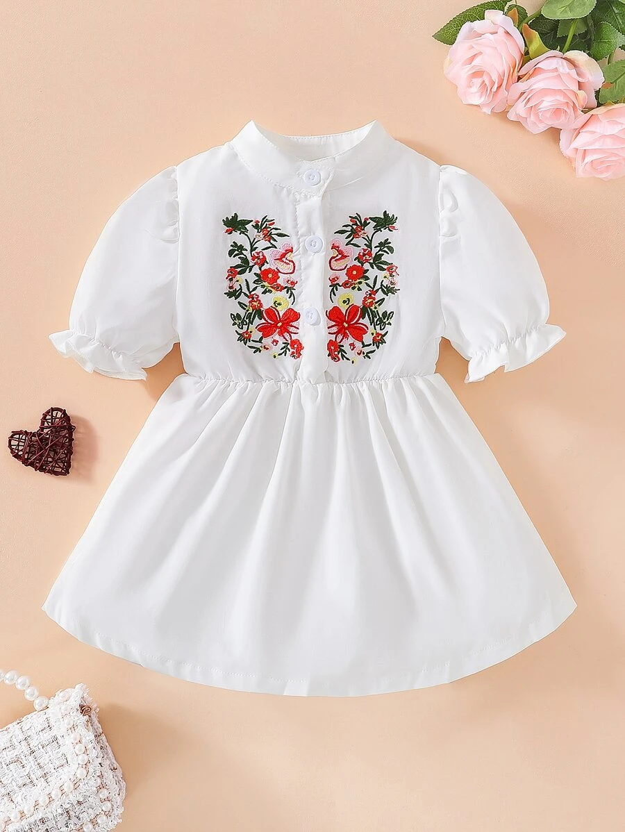 Baby Floral Embroidery Puff Sleeve Dress - White - View 1