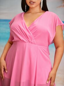 SHEIN Belle 大碼蝙蝠袖後綁帶高衩雪紡伴娘連衣裙 - 粉色 - 查看 3