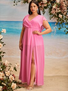 SHEIN Belle 大碼蝙蝠袖後綁帶高衩雪紡伴娘連衣裙 - 粉色 - 查看 5