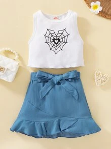 嬰兒蜘蛛網印花背心上衣和荷葉邊腰帶半身裙 - 藍白色 - 查看 1