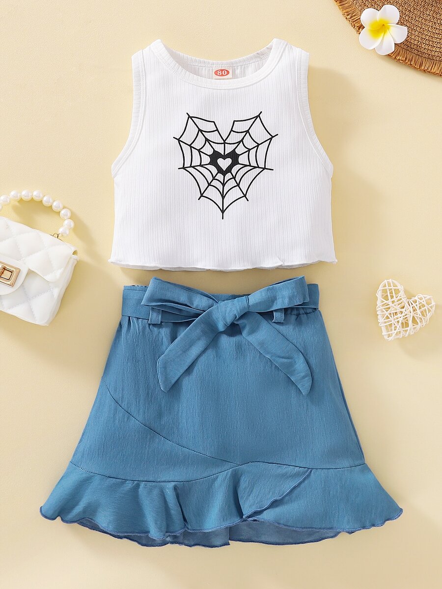 嬰兒蜘蛛網印花背心上衣和荷葉邊腰帶半身裙 - 藍白色 - 查看 1