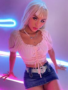 Puff Sleeve Drawstring Front Frill Trim Crop Blouse - Baby Pink - View 3