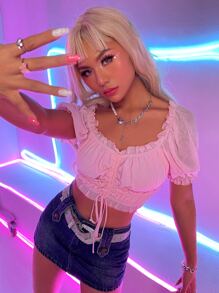 Puff Sleeve Drawstring Front Frill Trim Crop Blouse - Baby Pink - View 1