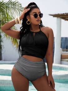 Slaydiva Conjunto de bikini a rayas y traje de baño de 2 piezas con bottom fruncida de talle alto - Blanco y Negro - Ver 1
