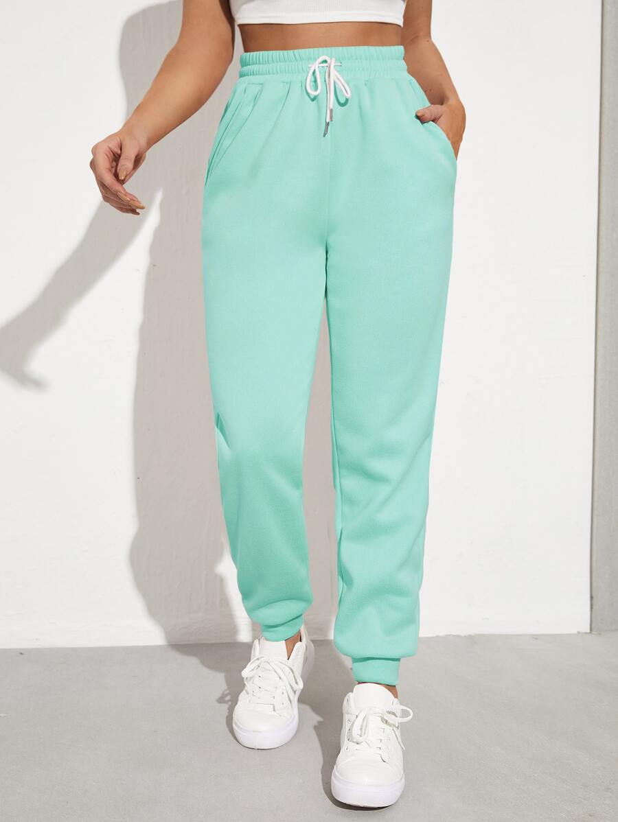 SHEIN EZwear Solid Drawstring Waist Slant Pocket Joggers - Mint Green - View 1