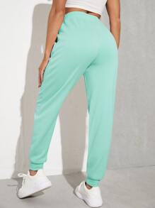 SHEIN EZwear Solid Drawstring Waist Slant Pocket Joggers - Mint Green - View 2