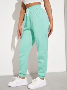 SHEIN EZwear Solid Drawstring Waist Slant Pocket Joggers - Mint Green - View 3