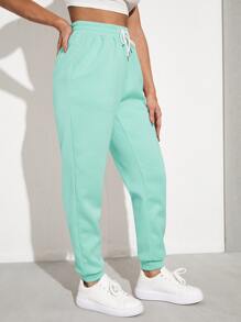 SHEIN EZwear Solid Drawstring Waist Slant Pocket Joggers - Mint Green - View 4