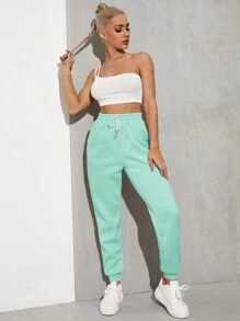 SHEIN EZwear Solid Drawstring Waist Slant Pocket Joggers - Mint Green - View 5