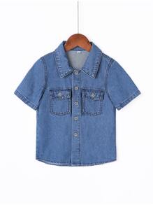 Toddler Boy Denim Tops Nút Túi màu trơn Giải trí - Rửa trung bình - Xem 1