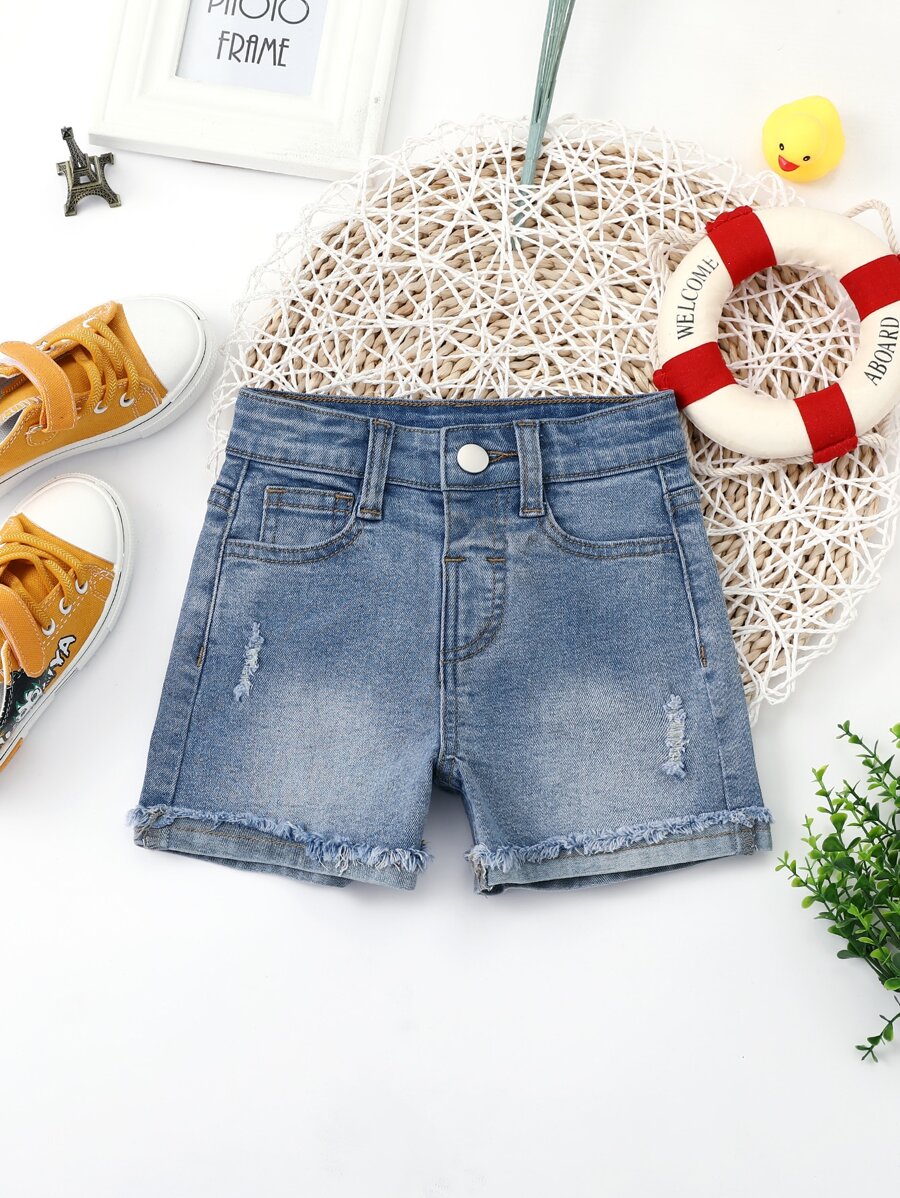 小女童破洞毛邊緣牛仔短褲 - 中等水洗藍 - 查看 1