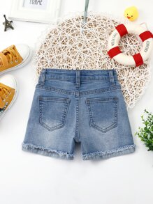 小女童破洞毛邊緣牛仔短褲 - 中等水洗藍 - 查看 2