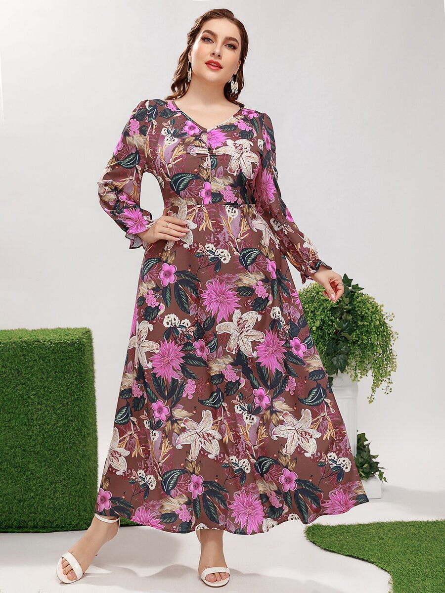 Calvaya Đầm Plus Size Xù Hoa Boho - Nhiều màu - Xem 1
