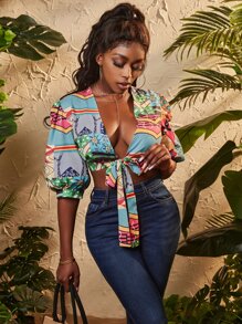 SHEIN SXY Áo sơ mi nữ Thắt nơ trước Hoa Đồ họa Gợi cảm - Nhiều màu - Xem 3