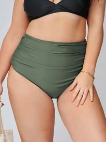 SHEIN Swim Curve 大码褶皱高腰比基尼泳裤 夏季 - 軍綠色 - 查看 1