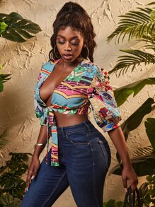 SHEIN SXY Áo sơ mi nữ Thắt nơ trước Hoa Đồ họa Gợi cảm - Nhiều màu - Xem 4