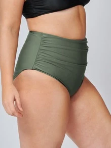 SHEIN Swim Curve 大码褶皱高腰比基尼泳裤 夏季 - 軍綠色 - 查看 3