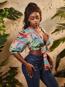 SHEIN SXY Áo sơ mi nữ Thắt nơ trước Hoa Đồ họa Gợi cảm - Nhiều màu - Xem 5