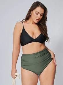 SHEIN Swim Curve 大码褶皱高腰比基尼泳裤 夏季 - 軍綠色 - 查看 4