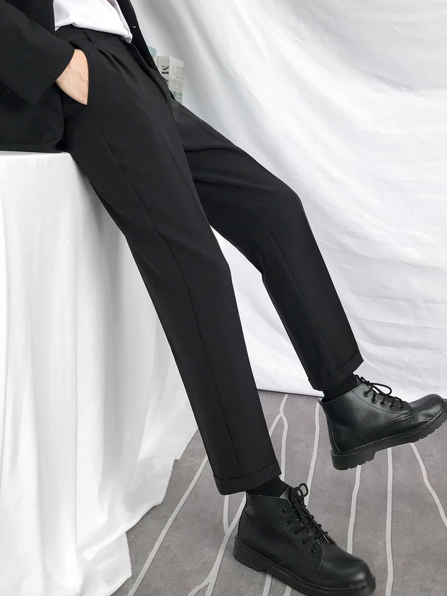 Men Slant Pocket Fold Pleated Tailored Trousers - Black - View 1