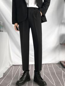 Men Slant Pocket Fold Pleated Tailored Trousers - Black - View 4