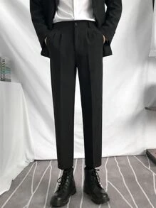 Men Slant Pocket Fold Pleated Tailored Trousers - Black - View 5