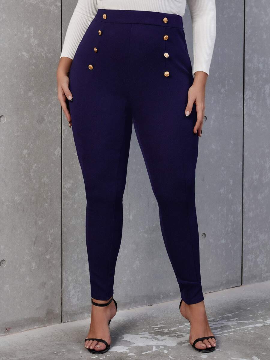 SHEIN Privé Plus High Waist Button Detail Skinny Trousers - Navy Blue - View 1