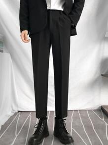 Men Slant Pocket Fold Pleated Tailored Trousers - Black - View 6