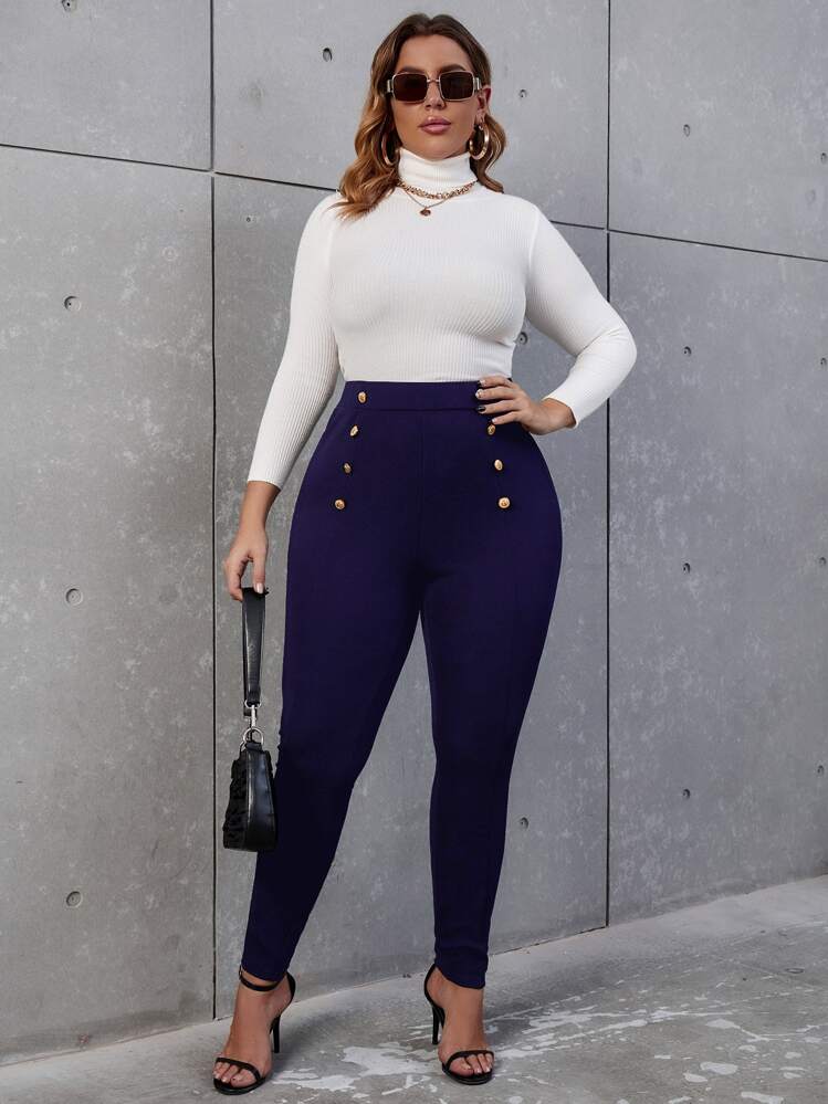 SHEIN Privé Pantalones ajustados de talle alto con diseño de botón - Azul Marino - Añade 3