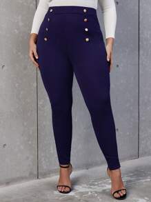 SHEIN Privé Plus High Waist Button Detail Skinny Trousers - Navy Blue - View 4